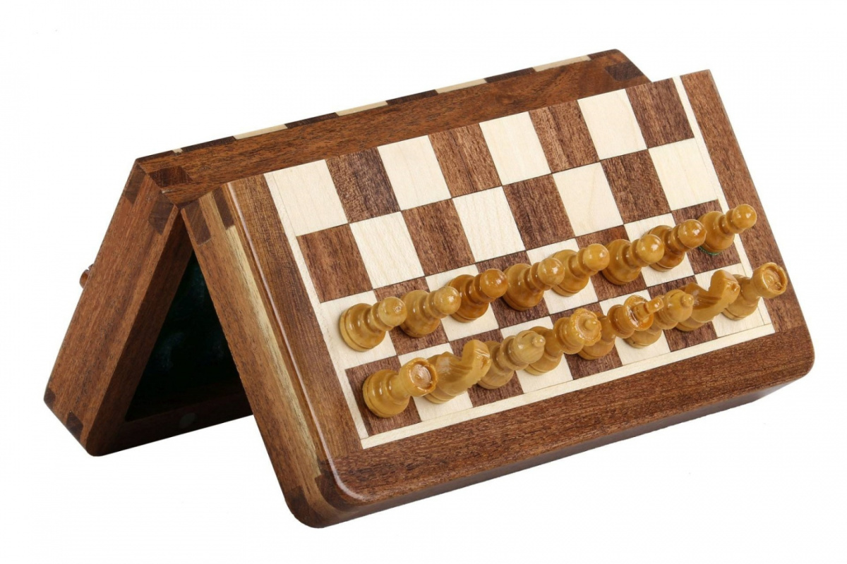 Szachy MAGNETYCZNE mini z intarsjowaną szachownicą
