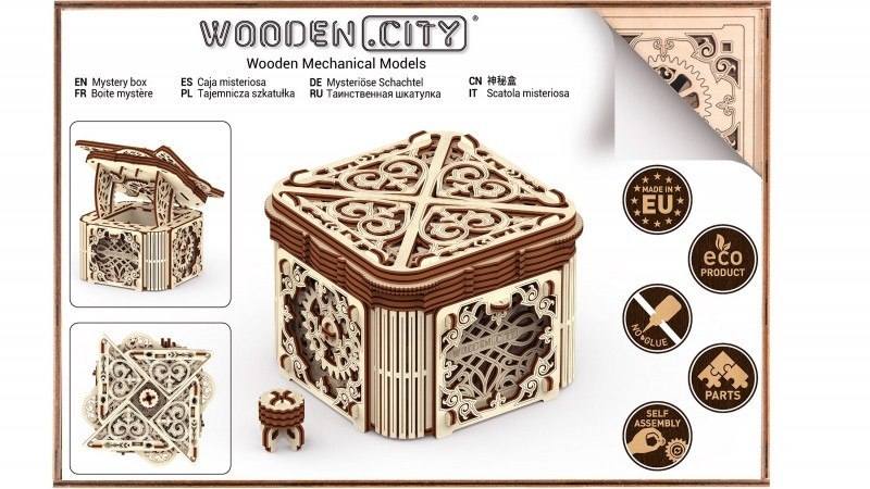 Szkatułka, Mystery box, Drewniane puzzle mechaniczne 3D, Wooden City