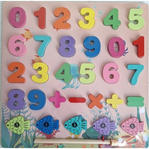 Układanka cyfry, wędka i rybki