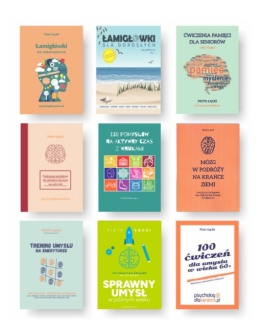 Książki z zadaniami umysłowymi dla seniorów, zestaw publikacji Piotra Łąckiego