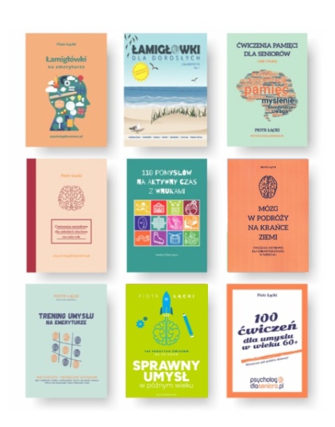 Książki z zadaniami umysłowymi dla seniorów, zestaw publikacji Piotra Łąckiego