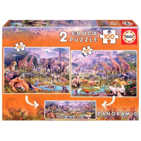 Puzzle 2 x 100 el. Dzikie zwierzęta (panorama) Educa