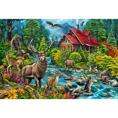Puzzle 2000 el. Leśna chatka z czerwonym dachem Cobble Hill