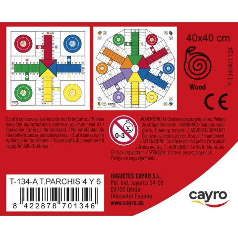Drewniana plansza do gry + komplet pionków (Chińczyk dla 4 i 6 graczy 40x40 cm) (T-134A) Cayro
