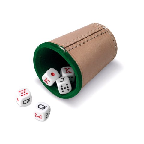 Zestaw do gry w kości: skórzany kubek + kości pokerowe 16 mm (674) Cayro