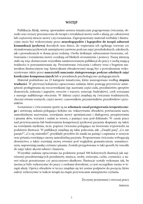 Myślę, mówię, opowiadam. Materiały do ćwiczeń dla osób z afazją oraz do ogólnej terapii i profilaktyki logopedycznej, afazja